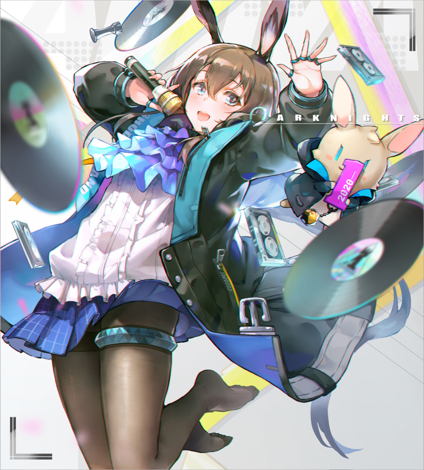 1girl :d absurdres amiya_(arknights) animal_ears arknights arm_up ascot bangs black_jacket blue_eyes blue_neckwear blue_skirt blurry blurry_foreground blush brown_hair brown_legwear cassette_tape center_frills chess_piece commentary copyright_name depth_of_field evers eyebrows_visible_through_hair frilled_shirt frills hair_between_eyes hand_up highres holding holding_microphone jacket long_hair long_sleeves microphone no_shoes open_clothes open_jacket open_mouth pantyhose pleated_skirt puffy_long_sleeves puffy_sleeves rabbit_ears record rook_(chess) shirt skirt smile solo stuffed_animal stuffed_bunny stuffed_toy very_long_hair viewfinder white_shirt
