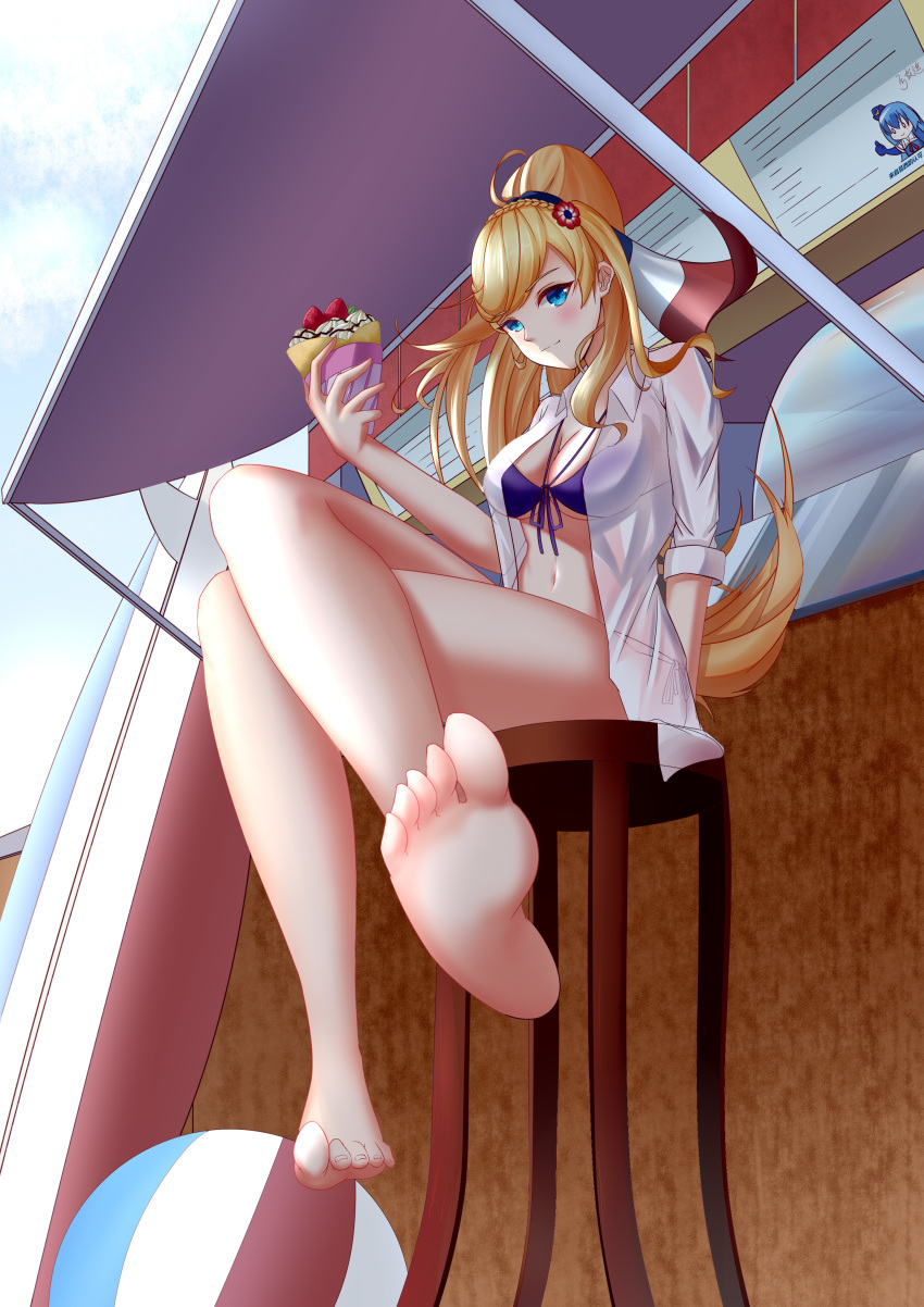 1girl absurdres barefoot bikini blue_eyes breasts highres large_breasts long_hair ponytail purple_bikini richelieu_(warship_girls_r) soles swimsuit toenails toes warship_girls_r zzzzjjjll