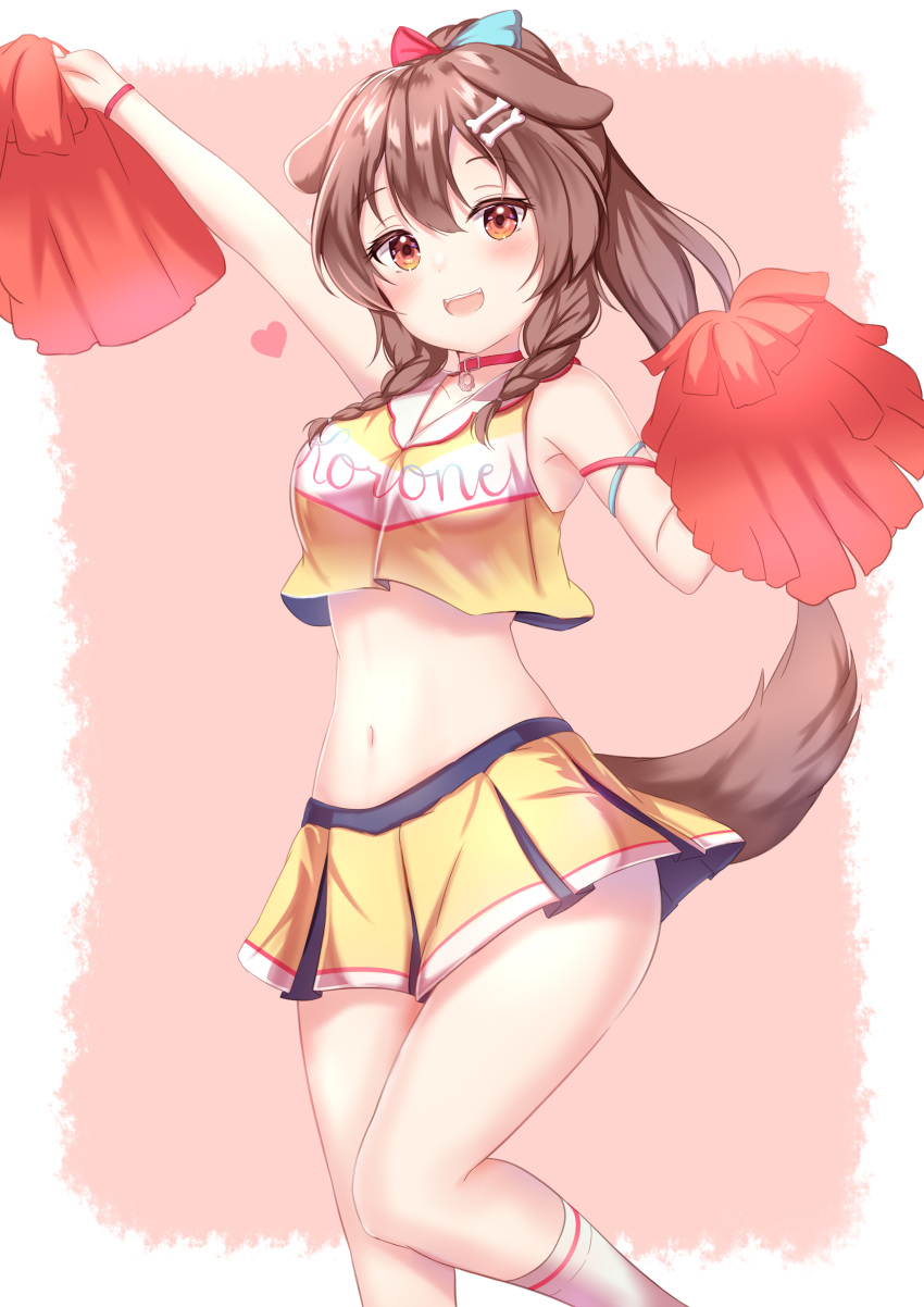 1girl absurdres animal_ears arm_up armpits bare_shoulders bone_hair_ornament bow braid breasts brown_hair cheerleader choker crop_top crop_top_overhang dog_ears dog_tail hair_bow hair_ornament hairclip hand_up highres holding hololive inugami_korone long_hair looking_at_viewer medium_breasts midriff miniskirt navel open_mouth pleated_skirt pom_poms ponytail red_eyes shirt skirt sleeveless sleeveless_shirt smile solo stomach tail thighs twin_braids virtual_youtuber yellow_shirt yellow_skirt yuano