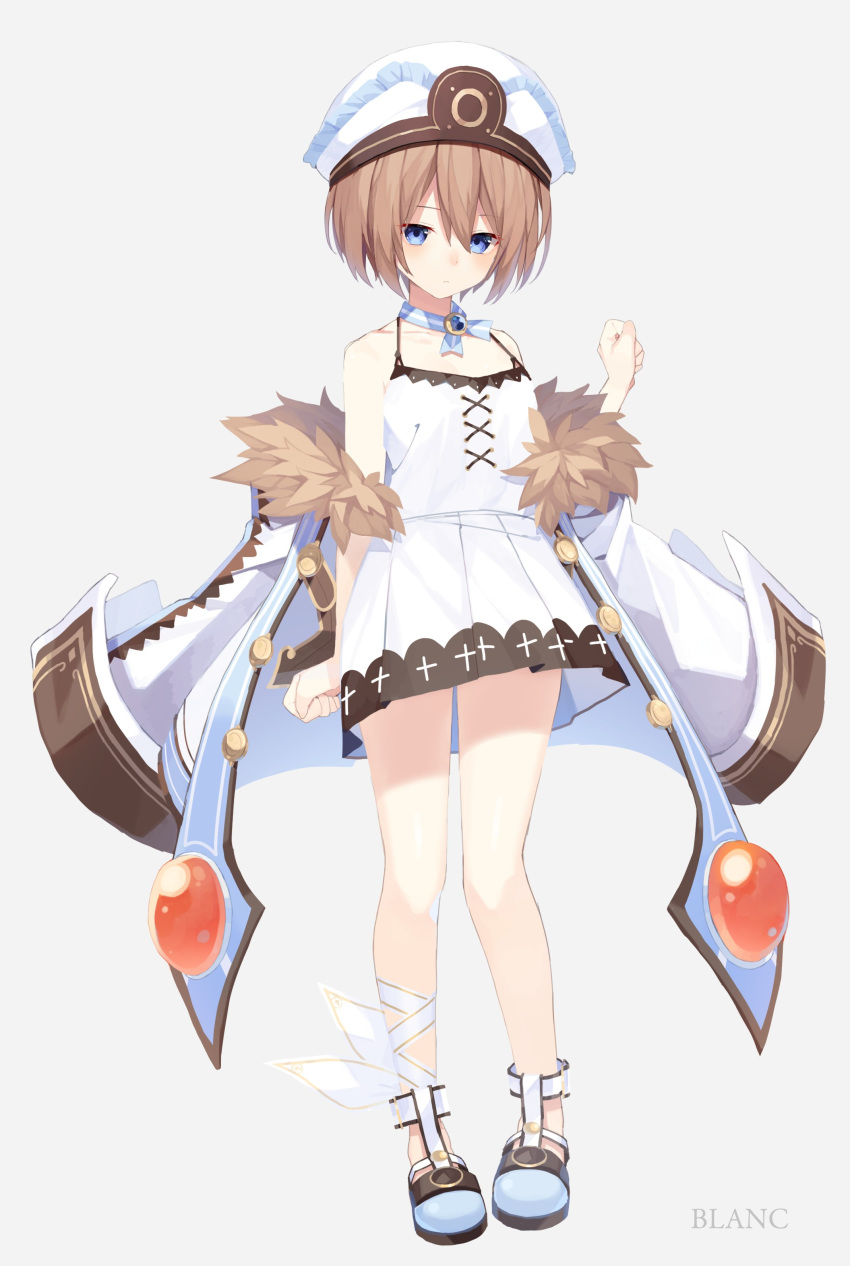 1girl absurdres bare_shoulders blanc blancpig_yryr blue_eyes blush brown_hair character_name coat dress flat_chest full_body fur-trimmed_coat fur_trim grey_background hair_between_eyes hat highres looking_at_viewer neptune_(series) ribbon short_hair simple_background solo spaghetti_strap white_coat white_dress white_ribbon