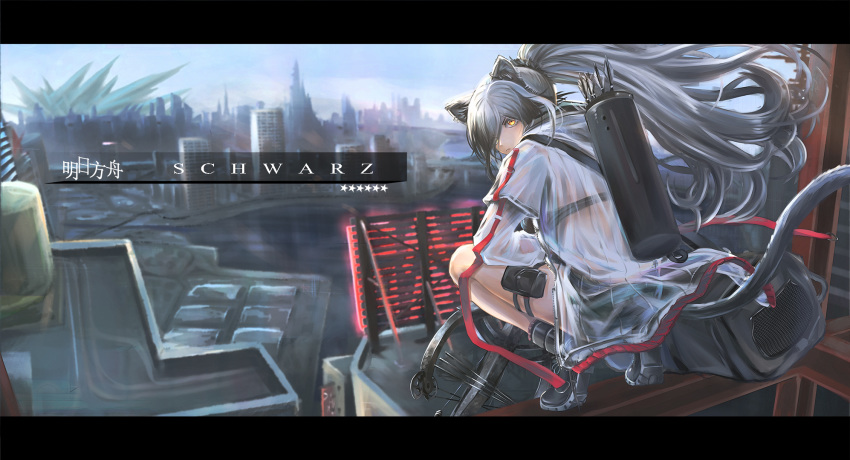 1girl animal_ears arknights arrow_(projectile) bag bangs black_footwear bow_(weapon) cat_ears cat_tail character_name city commentary_request copyright_name crossbow from_behind highres jacket letterboxed long_hair long_ponytail long_sleeves looking_at_viewer looking_back nishizono_shin outdoors ponytail pouch quiver schwarz_(arknights) see-through shoes silver_hair solo squatting star tail thigh_strap thighs weapon white_jacket yellow_eyes