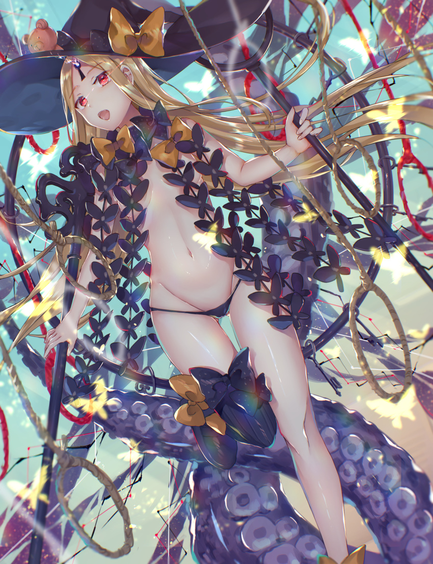 1girl abigail_williams_(fate/grand_order) absurdres bangs bare_shoulders black_bow black_headwear black_legwear black_panties blonde_hair bow breasts fate/grand_order fate_(series) forehead hair_bow hat highres hitomin_(ksws7544) key keyhole long_hair multiple_bows navel noose open_mouth orange_bow panties parted_bangs polka_dot polka_dot_bow red_eyes rope single_thighhigh small_breasts smile staff stuffed_animal stuffed_toy teddy_bear tentacles thigh-highs thighs underwear very_long_hair witch_hat