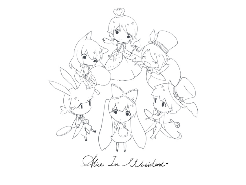 alice_(wonderland) alice_(wonderland)_(cosplay) alice_in_musicland_(vocaloid) animal_ears apron bow cat_ears caterpillar_(wonderland) caterpillar_(wonderland)_(cosplay) cheshire_cat cheshire_cat_(cosplay) chibi chinese_commentary coat commentary cosplay crown dress everyone hair_bow hat hatsune_miku holding holding_staff hookah kagamine_len kagamine_rin kaito kneehighs lineart long_hair looking_at_viewer mad_hatter mad_hatter_(cosplay) megurine_luka meiko pocket_watch queen_of_hearts queen_of_hearts_(cosplay) rabbit_ears short_hair short_ponytail skirt song_name spencer_sais spiky_hair staff top_hat twintails very_long_hair vest vocaloid watch white_rabbit white_rabbit_(cosplay)