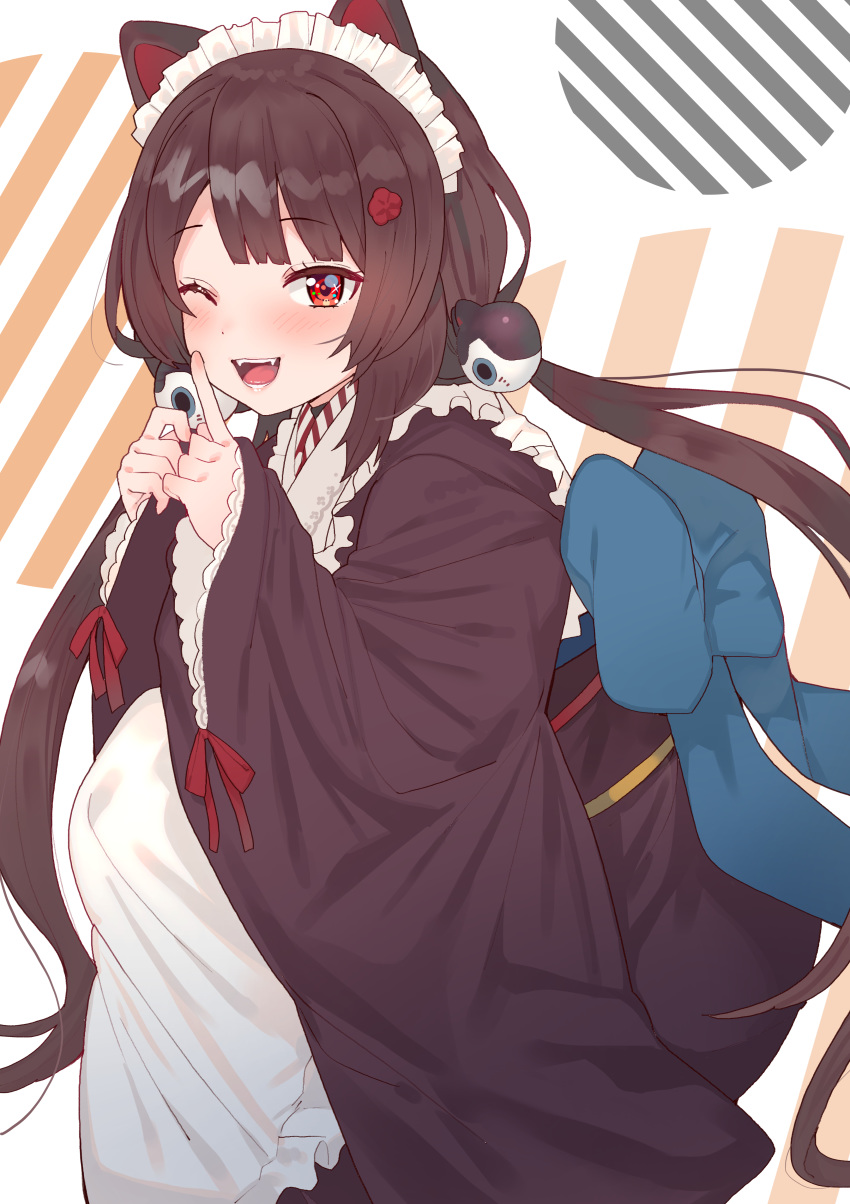 1girl ;d absurdres animal_ears apron bangs black_kimono blue_bow blush bow brown_hair commentary_request dog_ears dog_hair_ornament eyebrows_visible_through_hair fangs flower frilled_apron frills hair_flower hair_ornament hands_up highres index_finger_raised inui_toko japanese_clothes kimono long_hair long_sleeves low_twintails maid_apron maid_headdress nijisanji one_eye_closed open_mouth pinching_sleeves red_eyes red_flower sleeves_past_wrists smile solo squatting striped striped_background tonari_no_kai_keruberosu twintails very_long_hair virtual_youtuber wa_maid white_apron white_background wide_sleeves