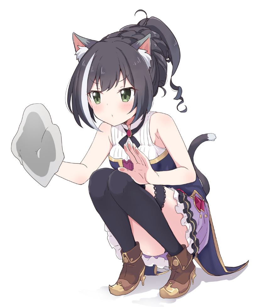 1girl against_glass animal_ear_fluff animal_ears bangs bare_arms bare_shoulders black_hair black_legwear black_panties blush boots breasts brown_footwear cat_ears cat_girl cat_tail closed_mouth eyebrows_visible_through_hair frilled_skirt frills full_body green_eyes high_heel_boots high_heels highres itamochi karyl_(princess_connect!) knees_together_feet_apart knees_up medium_breasts multicolored_hair no_detached_sleeves panties ponytail princess_connect! princess_connect!_re:dive purple_skirt shadow shirt skirt sleeveless sleeveless_shirt solo squatting streaked_hair tail thigh-highs thighhighs_under_boots underwear v-shaped_eyebrows white_background white_hair white_shirt