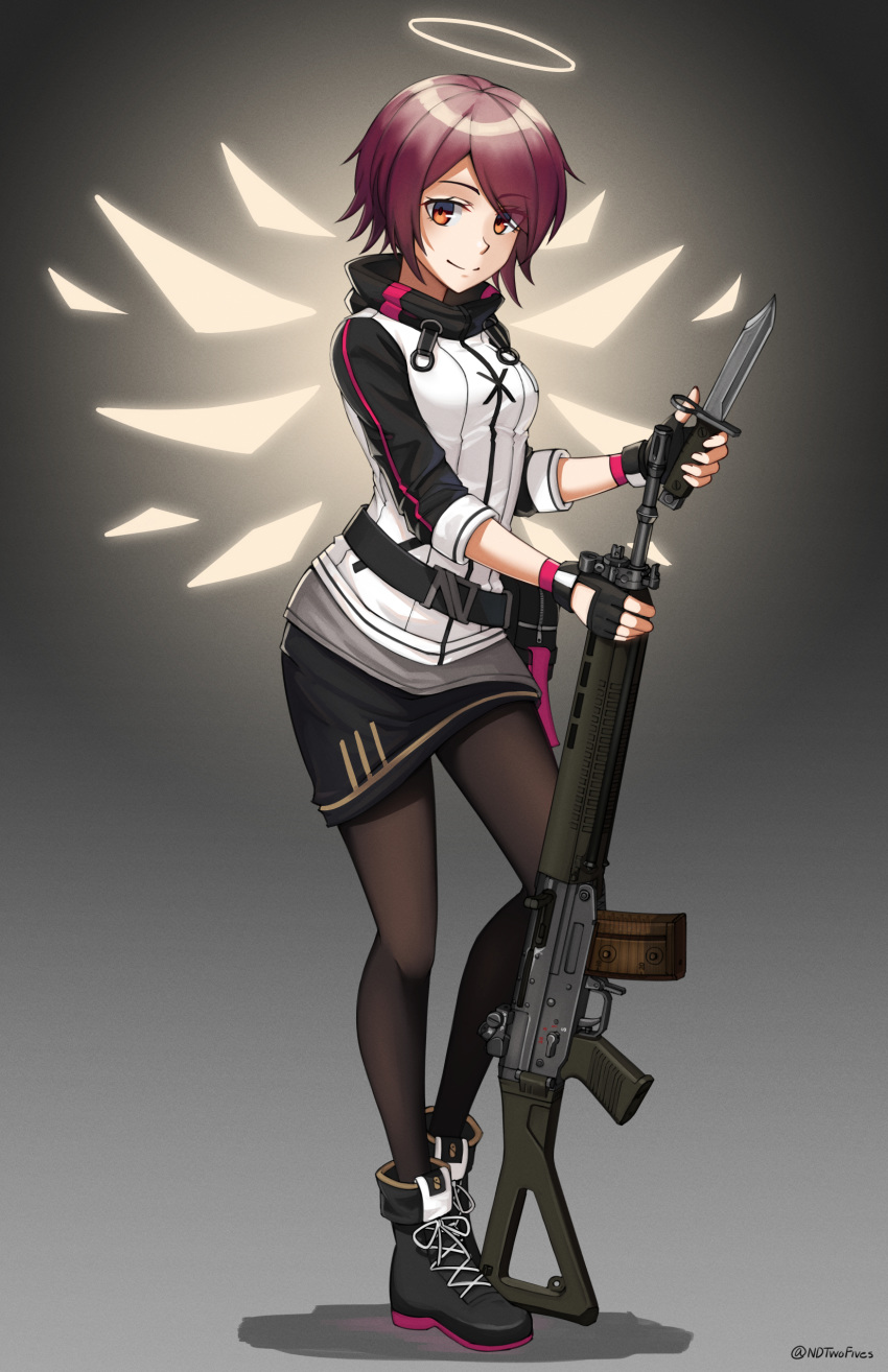 1girl absurdres arknights assault_rifle bangs black_footwear black_gloves black_legwear black_skirt boots breasts brown_hair closed_mouth commentary_request exusiai_(arknights) eyebrows_visible_through_hair eyes_visible_through_hair fingerless_gloves full_body gloves glowing glowing_wings grey_background gun hair_over_one_eye halo highres holding holding_gun holding_knife holding_weapon jacket knife long_sleeves ndtwofives pantyhose red_eyes rifle shadow sig_550 skirt small_breasts smile solo standing standing_on_one_leg twitter_username weapon white_jacket wings