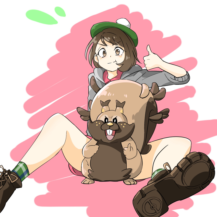 1girl between_legs black_eyes brown_eyes brown_hair can_(pixiv33249519) closed_mouth commentary_request convenient_censoring creature furrowed_eyebrows gen_8_pokemon greedent green_headwear green_legwear highres legs looking_at_viewer open_mouth pink_background pokemon pokemon_(creature) pokemon_(game) pokemon_between_legs pokemon_swsh shoelaces short_hair sitting sitting_on_ground socks spread_legs standing thighs thumbs_up yuuri_(pokemon)