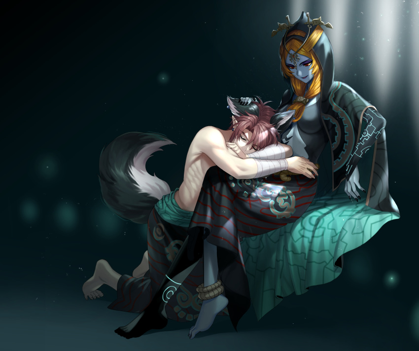 1boy 1girl absurdres animal_ears anklet barefoot blue_skin breasts brown_hair couple dark_background earrings head_rub headdress hetero highres jewelry lap_pillow link long_hair midna midna_(true) ninto orange_hair pointy_ears red_eyes shirtless sitting smile tail the_legend_of_zelda the_legend_of_zelda:_twilight_princess two-tone_skin wolf_boy wolf_ears wolf_tail wrist_wrap