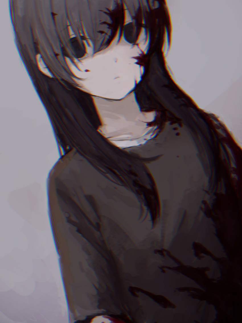 1girl black_eyes black_hair blood blood_on_face bloody_clothes chromatic_aberration empty_eyes highres long_hair melon_syrup original shirt short_sleeves t-shirt