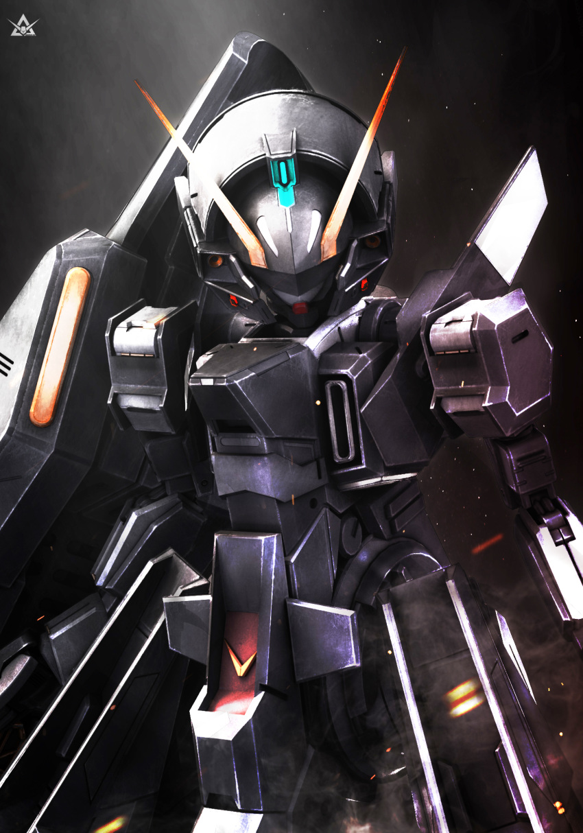 advance_of_zeta black_background bude_(link_2011) covered_eyes gundam highres joints looking_at_viewer mecha no_humans robot robot_joints science_fiction solo tr-6_woundwort v-fin