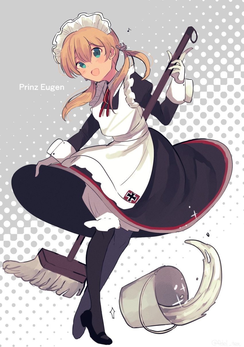 1girl alternate_costume anchor_hair_ornament apron aqua_eyes black_dress black_footwear black_gloves black_legwear blonde_hair bloomers bucket character_name cleaning_brush commentary_request dress edel_(edelcat) enmaided frilled_apron frills full_body gloves grey_background hair_ornament highres iron_cross kantai_collection long_hair looking_at_viewer low_twintails maid maid_headdress pantyhose prinz_eugen_(kantai_collection) smile solo standing twintails two-tone_background underwear water white_apron white_gloves