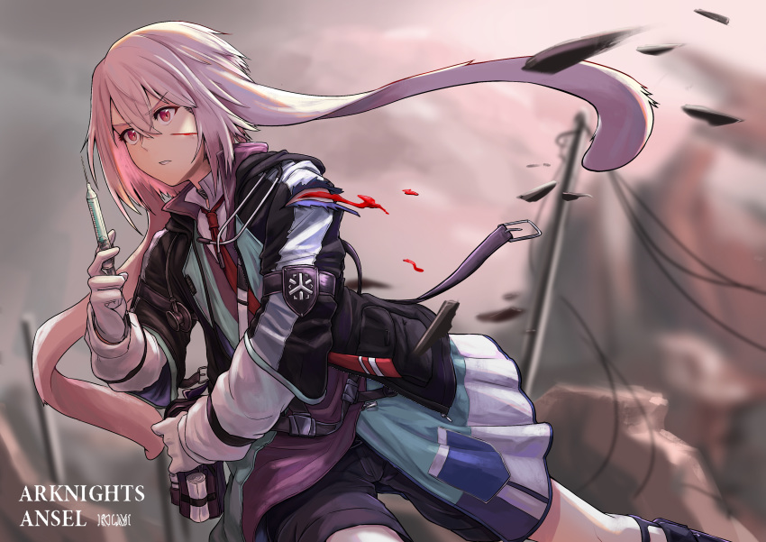 1boy absurdres animal_ears ansel_(arknights) arknights bleeding blood bunny_boy character_name commentary_request deep_wound doctor highres holding holding_syringe injury jacket jtleeklm long_sleeves male_focus medic necktie needle outdoors pink_hair power_lines rabbit_ears red_neckwear solo stethoscope syringe telephone_pole
