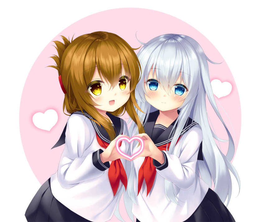2girls :d bangs black_sailor_collar black_skirt blue_eyes blush brown_eyes brown_hair closed_mouth commentary_request eyebrows_visible_through_hair hair_between_eyes hand_up heart heart_hands heart_hands_duo hibiki_(kantai_collection) highres inazuma_(kantai_collection) kantai_collection long_hair long_sleeves looking_at_viewer multiple_girls neckerchief no_hat no_headwear open_mouth pink_background pleated_skirt red_neckwear sailor_collar school_uniform serafuku shirt sidelocks silver_hair skirt smile two-tone_background very_long_hair white_background white_shirt yellow_eyes yuto_sepiacolor