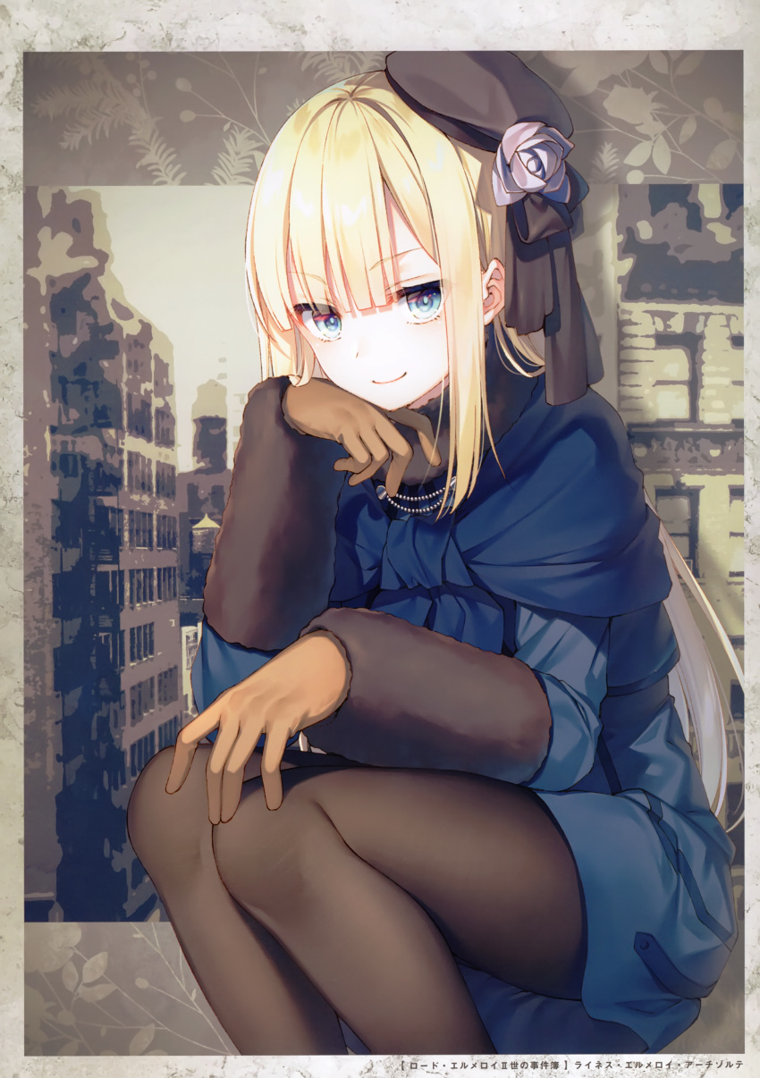 1girl absurdres bangs blonde_hair blue_dress blue_eyes blunt_bangs brown_gloves brown_legwear chin_rest closed_mouth dress fate_(series) feet_out_of_frame fur_trim gloves hat highres long_hair looking_at_viewer lord_el-melloi_ii_case_files pantyhose reines_el-melloi_archisorte scan shadow sidelocks sitting smile toosaka_asagi