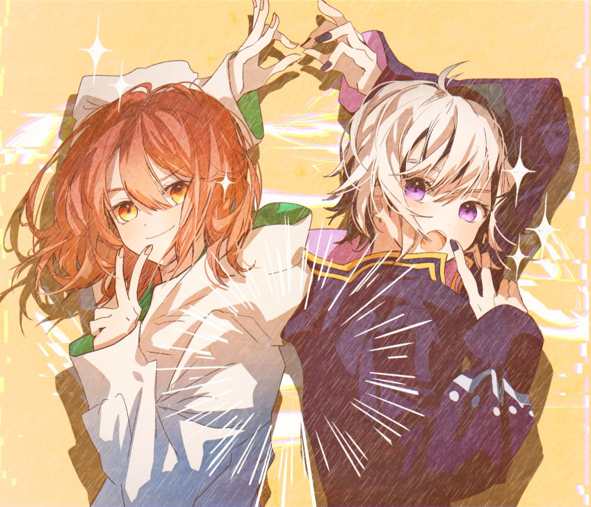 2girls back-to-back black_nails double_v flower_(vocaloid) hands_up highres jacket karanagare_4 light_brown_hair looking_at_viewer multicolored_hair multiple_girls nail_polish open_mouth orange_eyes original purple_jacket short_hair smile sparkle streaked_hair upper_body v v_flower_(vocaloid4) violet_eyes vocaloid white_hair white_jacket yellow_background