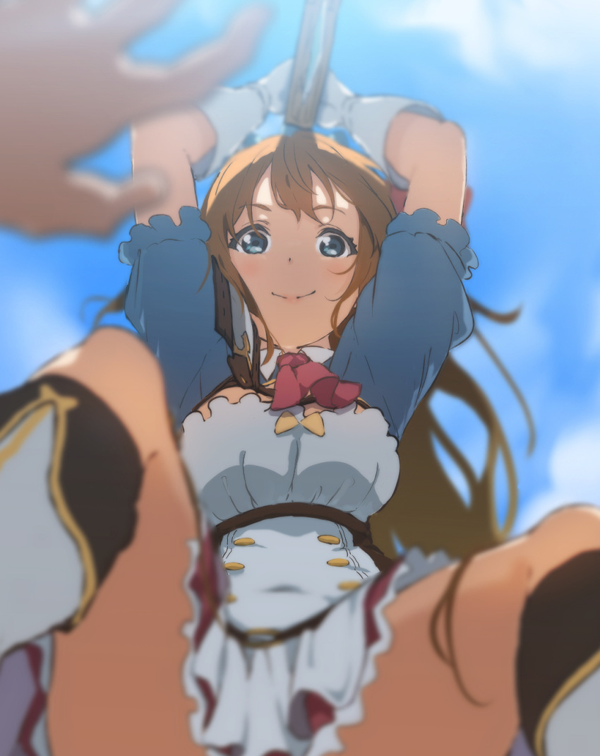 1girl 1other bad_end blue_eyes blue_sky blue_sleeves boots bow breasts cleavage_cutout closed_mouth clouds collared_dress double-breasted dress eyebrows_visible_through_hair girl_on_top gloves hand_up highres icehotmilktea incoming_attack knee_boots orange_hair pecorine pov princess_connect! princess_connect!_re:dive puffy_short_sleeves puffy_sleeves shaded_face short_sleeves shoulder_armor skirt sky smile sunlight sword thighs weapon white_dress