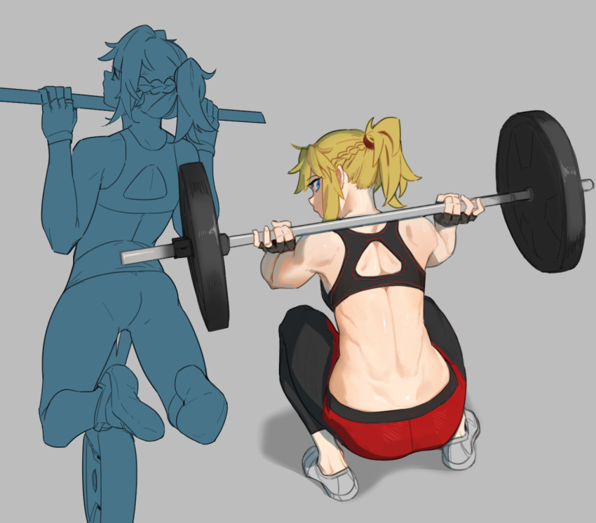 1girl alternate_costume black_sports_bra braid english_commentary exercise fate/grand_order fate_(series) french_braid grey_background hirundo_rustica horizontal_bar looking_at_viewer mordred_(fate)_(all) multiple_views shoes sneakers sports_bra squatting weightlifting