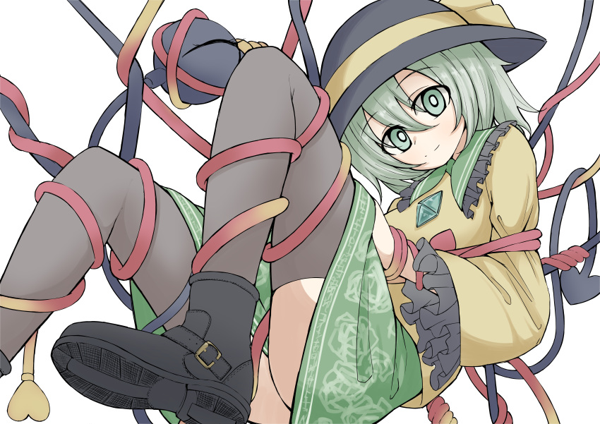 1girl absurdres black_footwear black_headwear black_legwear blouse boots bound bow breasts closed_mouth commentary eyebrows_visible_through_hair eyes_visible_through_hair frilled_sleeves frills green_eyes green_hair green_skirt hair_between_eyes hanging hat hat_bow highres komeiji_koishi kumasan_(kumazonjp) looking_at_viewer medium_breasts short_hair simple_background skirt smile solo thigh-highs thighs third_eye tied_up touhou white_background wide_sleeves yellow_blouse