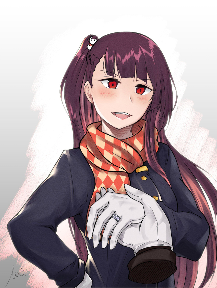 1girl black_coat blush checkered checkered_scarf coat girls_frontline gloves hair_ornament hand_on_hand highres jewelry long_hair looking_at_viewer open_mouth purple_hair red_eyes ring scarf simple_background smile solo stigmamyu wa2000_(girls_frontline) white_gloves