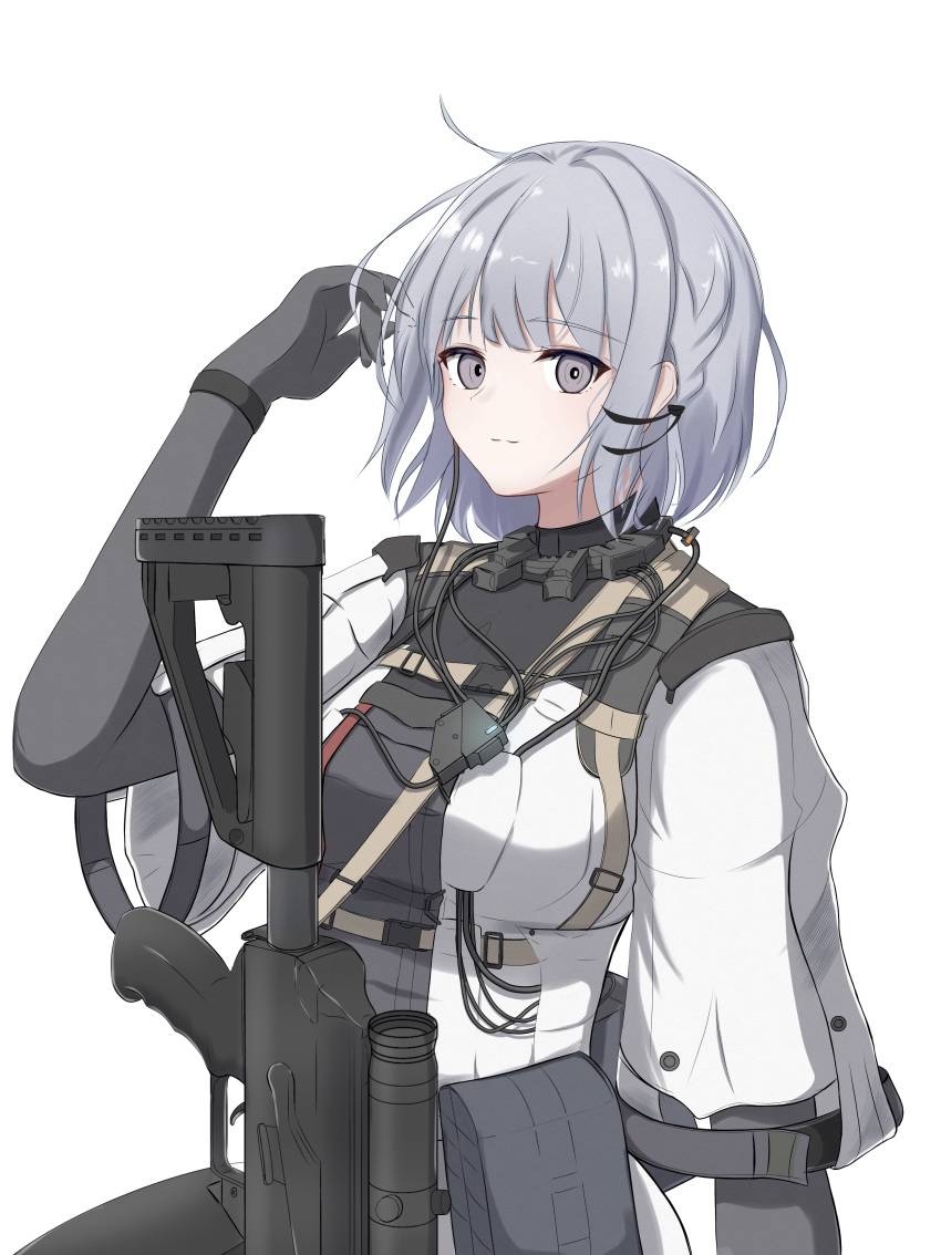 1girl absurdres baggy_pants black_gloves elbow_gloves girls_frontline gloves grey_eyes grey_hair hand_in_hair hand_up highres looking_at_viewer military military_jacket military_operator military_uniform pants rpk-16 rpk-16_(girls_frontline) rynn_(user_rkgs8583) short_hair silver_hair solo uniform weapon white_background