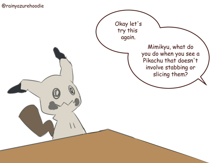 1panel alternate_color commentary creature english_commentary gen_7_pokemon mimikyu no_humans pokemon pokemon_(creature) rainyazurehoodie shiny_pokemon simple_background solo table white_background