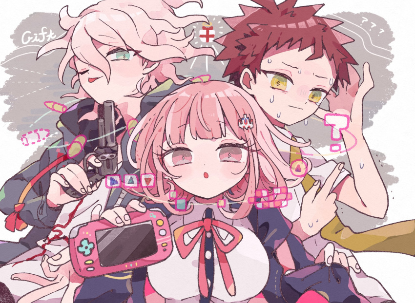 1girl 2boys ? brown_hair dangan_ronpa green_eyes green_jacket gun handgun highres hinata_hajime hood hooded_jacket hoodie jacket komaeda_nagito multiple_boys nanami_chiaki necktie osshouri55 pink_eyes revolver shirt super_dangan_ronpa_2 weapon white_hair white_shirt