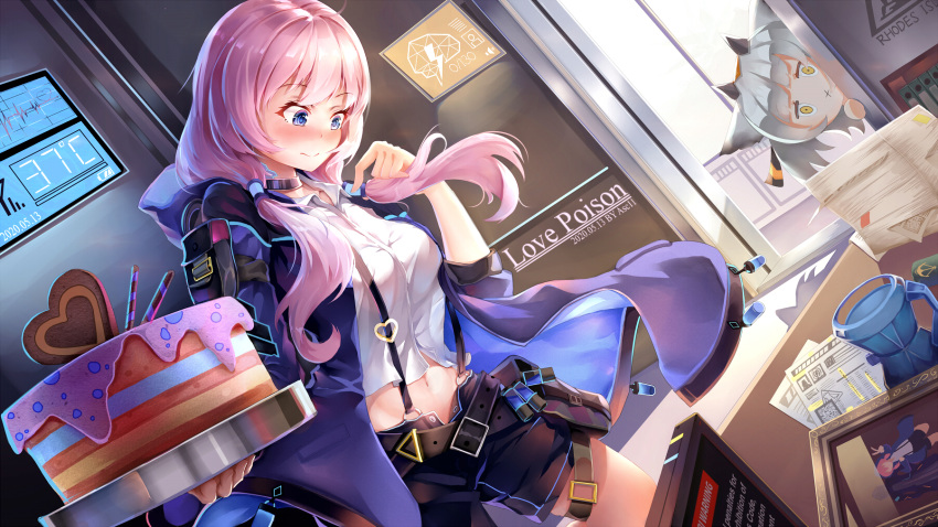2girls :x arknights artist_name bangs belt black_choker black_shorts blue_eyes blue_jacket blue_poison_(arknights) blush cake choker cup desk dutch_angle food heart highres holding holding_tray hood horns indoors jacket leyuan_zhuifang long_hair looking_at_viewer low_twintails midriff mug multiple_girls navel paper_stack pink_hair pouch ptilopsis_(arknights) shadow shirt shorts silver_hair suspenders thigh_strap tray twintails white_shirt window yellow_eyes