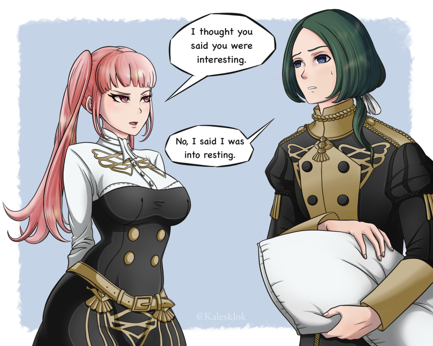 1boy 1girl absurdres arms_behind_back bangs blue_eyes english_text eye_contact fire_emblem fire_emblem:_three_houses garreg_mach_monastery_uniform gold_trim green_hair grey_background hair_ribbon highres hilda_valentine_goneril holding holding_pillow kalesklok linhardt_von_hevring long_hair looking_at_another pillow pink_eyes pink_hair ponytail ribbon simple_background speech_bubble standing sweatdrop twintails twitter_username white_ribbon