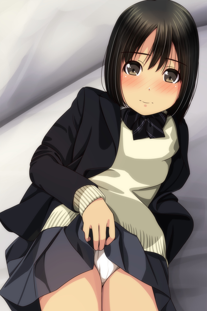 1girl absurdres bangs black_bow black_hair black_jacket blazer blush bow brown_eyes brown_sweater closed_mouth eyebrows_visible_through_hair grey_skirt hair_between_eyes highres jacket lifted_by_self long_sleeves looking_at_viewer lying matsunaga_kouyou nose_blush on_side open_blazer open_clothes open_jacket original panties pleated_skirt school_uniform skirt skirt_lift sleeves_past_wrists solo sweater underwear white_panties