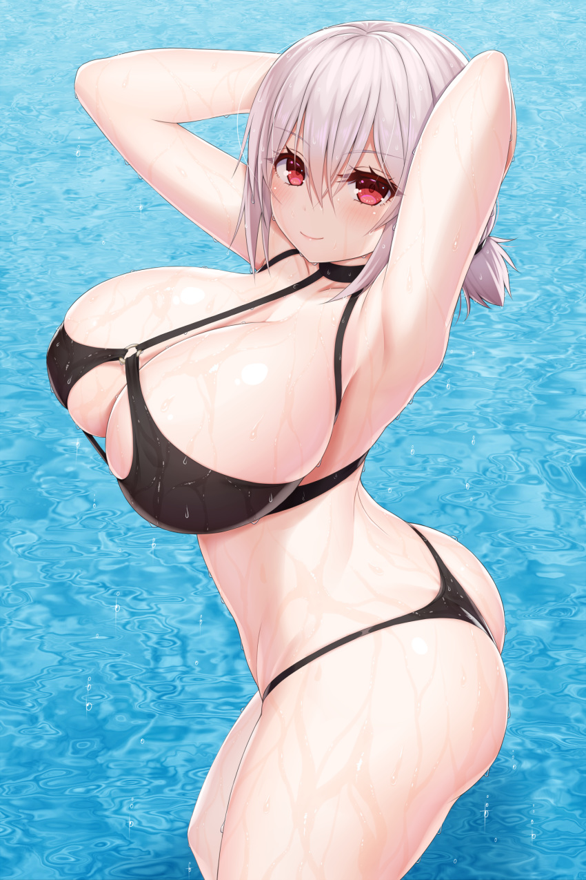 1girl armpits arms_behind_head arms_up asamura_hiori ass azur_lane bangs bare_shoulders bikini black_bikini blush breasts closed_mouth collarbone hair_between_eyes highres large_breasts looking_at_viewer low_twintails o-ring red_eyes revision short_hair short_twintails sirius_(azur_lane) sirius_(midsummer_seirios)_(azur_lane) smile solo swimsuit thighs thong thong_bikini twintails water water_drop white_hair