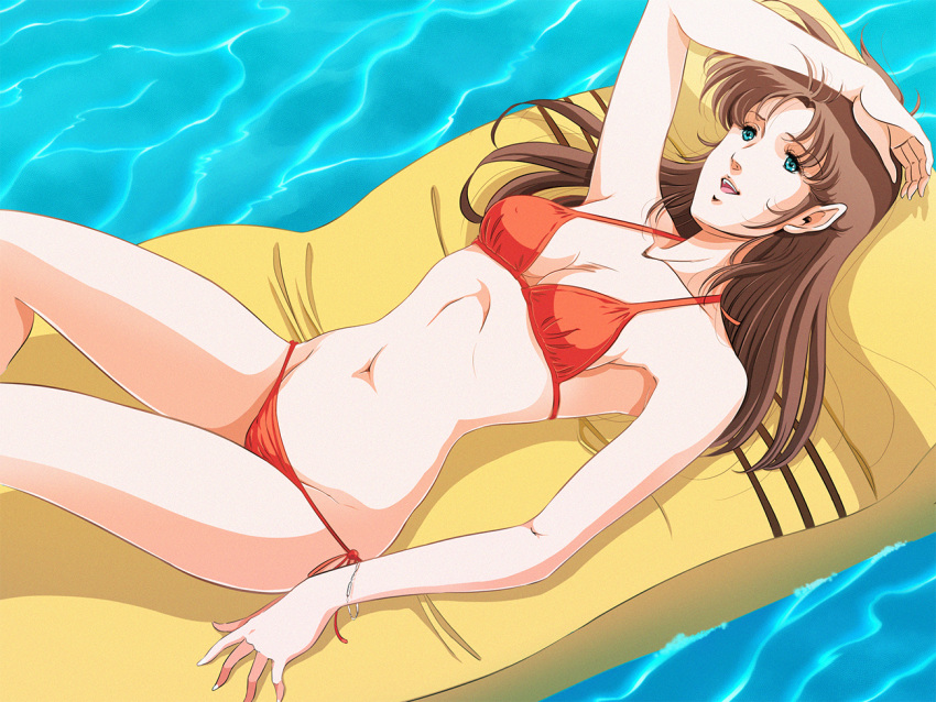 1980s_(style) 1girl arm_over_head bangs bikini blue_eyes brown_hair choujikuu_yousai_macross hayase_misa lying macross oldschool open_mouth orange_bikini robotech smile solo sunbathing swimsuit waeba_yuusee