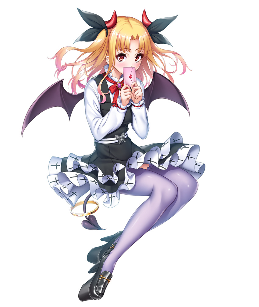 1girl blonde_hair blush bow demon_girl demon_horns demon_tail demon_wings eyebrows_visible_through_hair hair_bow high_heels highres horns looking_at_viewer love_letter medium_hair platform_footwear red_eyes red_horns simple_background solo succubus tagme tail taimanin_rpgx thigh-highs white_background wings zol