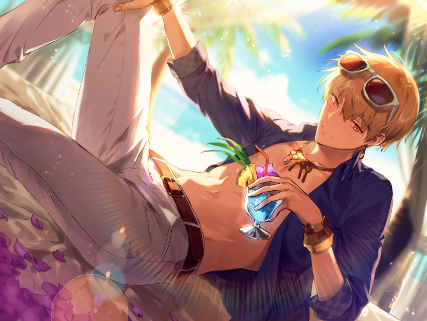 1boy bangs beach belt belt_buckle bikkusama black_belt blonde_hair blue-framed_eyewear blue_shirt blurry blurry_background bracelet buckle closed_mouth collarbone collared_shirt curtains day dress_shirt dutch_angle earrings eyewear_on_head fate/grand_order fate_(series) gilgamesh gilgamesh_(caster)_(fate) hair_between_eyes hand_on_own_knee highres holding jewelry lens_flare male_focus necklace ocean open_clothes open_shirt outdoors palm_tree pants petals red_eyes shiny shiny_hair shirt smile solo sunglasses tree unbuttoned unbuttoned_shirt white_pants wing_collar