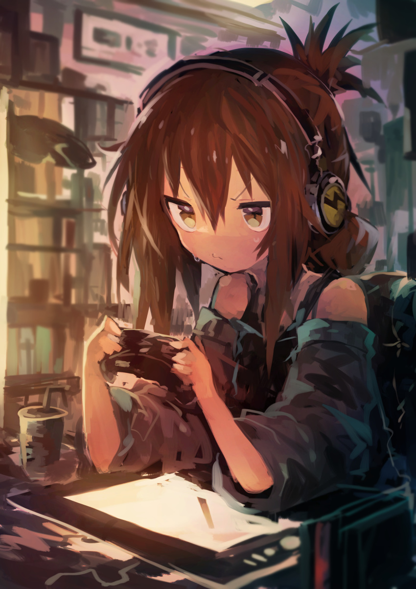 1girl absurdres bangs bare_shoulders brown_eyes brown_hair commentary controller detached_sleeves focused folded_ponytail game_controller hair_between_eyes headset highres inazuma_(kantai_collection) kaamin_(mariarose753) kantai_collection playing_games solo sweatdrop v-shaped_eyebrows