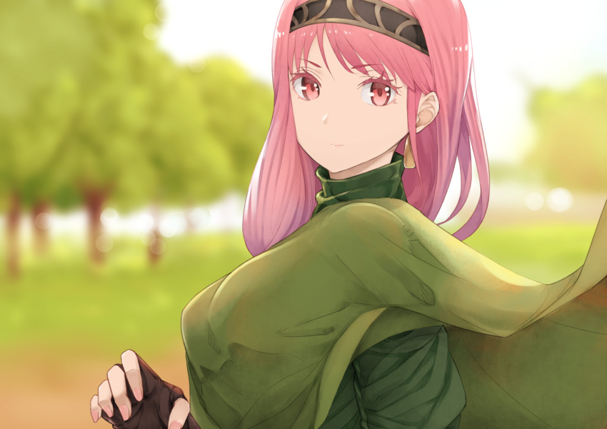 berwick_saga black_gloves blurry blurry_background breasts chienon closed_mouth colored_eyelashes earrings fingerless_gloves gloves hairband highres jewelry long_hair looking_at_viewer medium_breasts outdoors pink_eyes pink_hair smile sylvis_(tear_ring_saga) tear_ring_saga tree