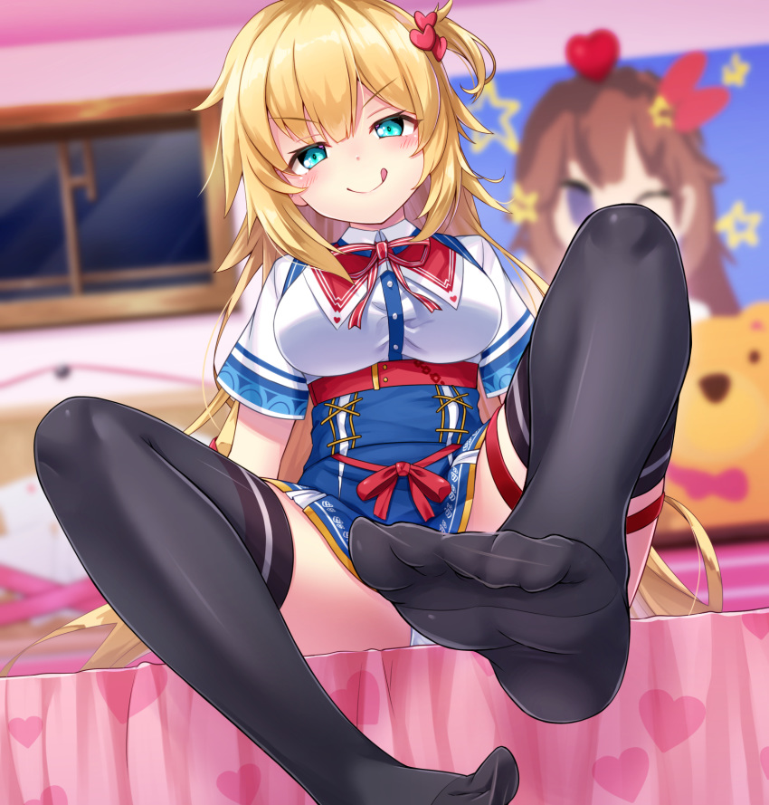 1girl :p akai_haato bed black_legwear blue_eyes blurry blurry_background breasts hair_ornament highres hololive kasaran looking_at_viewer no_shoes panties pantyshot poster sitting solo thigh-highs tokino_sora tongue tongue_out underwear virtual_youtuber white_panties window
