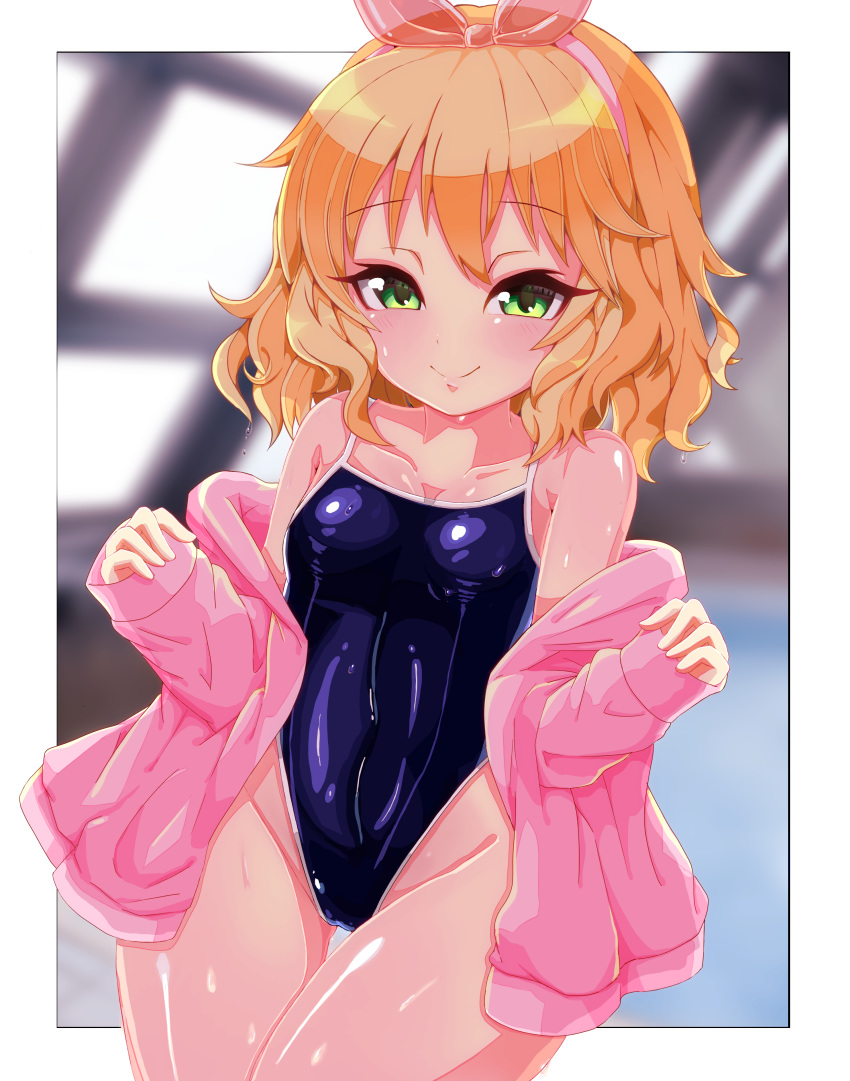 1girl absurdres blonde_hair blue_swimsuit blurry commentary_request competition_school_swimsuit cowboy_shot depth_of_field flat_chest green_eyes hairband highleg highleg_swimsuit highres idolmaster idolmaster_cinderella_girls indoors jacket looking_at_viewer pink_jacket rei_no_pool sakurai_momoka school_swimsuit short_hair smile solo swimsuit thigh_gap touda_iria wet wet_clothes wet_swimsuit