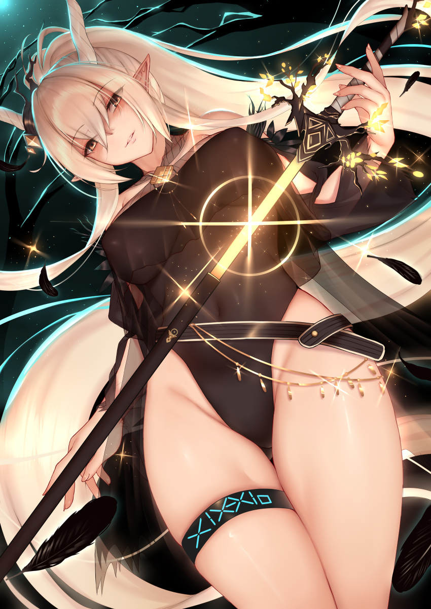 1girl absurdres arknights ass_visible_through_thighs bare_hips bare_shoulders black_leotard blonde_hair breasts brown_eyes commentary_request covered_navel dark_background feathers from_below genjung glint glowing glowing_sword glowing_weapon groin high_ponytail highleg highleg_leotard highres holding holding_sword holding_weapon horns large_breasts lens_flare leotard long_hair looking_at_viewer looking_down parted_lips pointy_ears see-through sheath shining_(arknights) smile solo sword thigh_gap thigh_strap thighs very_long_hair weapon