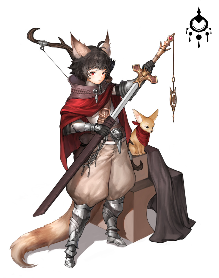 1boy absurdres ahoge animal animal_ear_fluff animal_ears animal_request annyeongbangawo armored_boots arrow_(projectile) baggy_pants bandolier belt belt_pouch black_gloves black_hair boots bow_(weapon) cape collared_cape commentary_request gloves greaves highres holding holding_sword holding_weapon korean_commentary looking_at_viewer loveoen12 original pants pouch quiver red_cape red_eyes red_scarf scarf sheath short_hair simple_background standing sword tail unsheathing vambraces weapon white_background