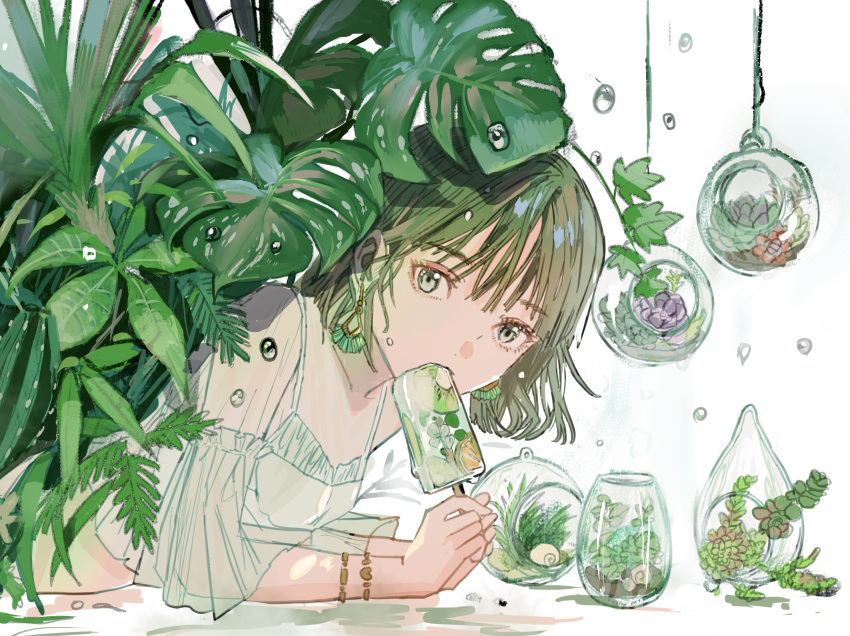 1girl absurdres bangs bottle bracelet brown_hair cactus camisole crop_top earrings eating food fruit glasses green_eyes green_theme hanging_plant highres holding jewelry kiwi_slice layered_sleeves leaf looking_at_viewer lying midriff mouth_hold on_stomach orange orange_slice original plant popsicle qooo003 rock see-through short_hair sleeves_past_elbows solo summer transparent upper_body water_drop white_background