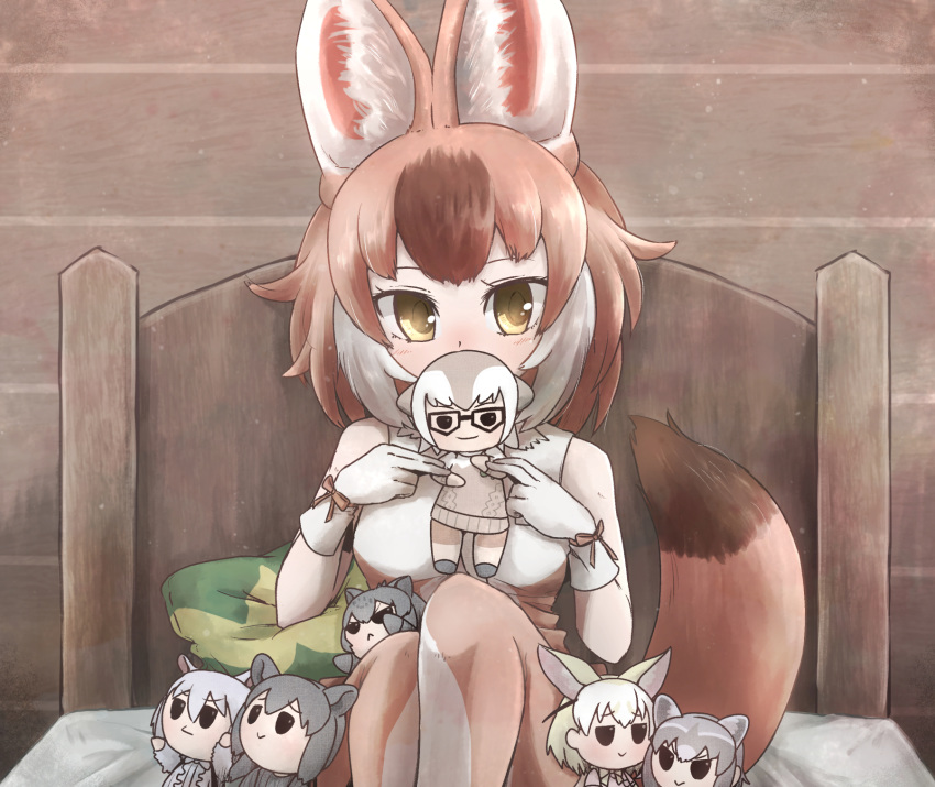 6+girls animal_ears bare_shoulders bed black_hair black_jaguar_(kemono_friends) blonde_hair breasts brown_hair commentary_request dhole_(kemono_friends) dog_ears dog_girl dog_tail doll grey_hair highres holding holding_doll indoors jaguar_girl kemono_friends kemono_friends_3 kotobukkii_(yt_lvlv) medium_breasts meerkat_(kemono_friends) meerkat_ears multicolored_hair multiple_girls solo southern_tamandua_(kemono_friends) tail white_hair yellow_eyes