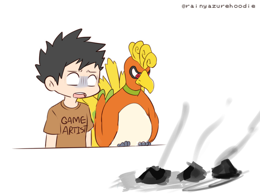 1boy 9koma ashes bird black_hair brown_shirt commentary english_commentary english_text gen_2_pokemon ho-oh legendary_pokemon male_focus original pokemon pokemon_(game) pokemon_gsc pokemon_gsc_beta rainyazurehoodie shirt short_sleeves simple_background spiky_hair white_background