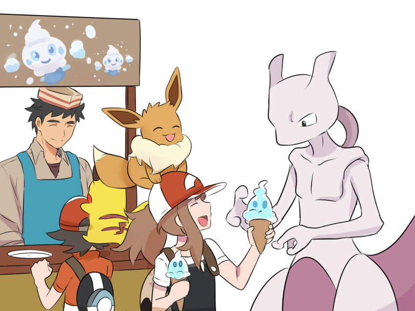 1girl 2boys :d ^_^ ayumi_(pokemon) baseball_cap black_hair brown_hair casteliacone closed_eyes commentary creature eevee english_commentary facing_another food gen_1_pokemon happy hat holding holding_food kakeru_(pokemon) legendary_pokemon long_hair looking_at_another mewtwo multiple_boys on_head open_mouth pokemon pokemon_(creature) pokemon_(game) pokemon_lgpe pokemon_on_head ponytail serious simple_background smile spiky_hair white_background