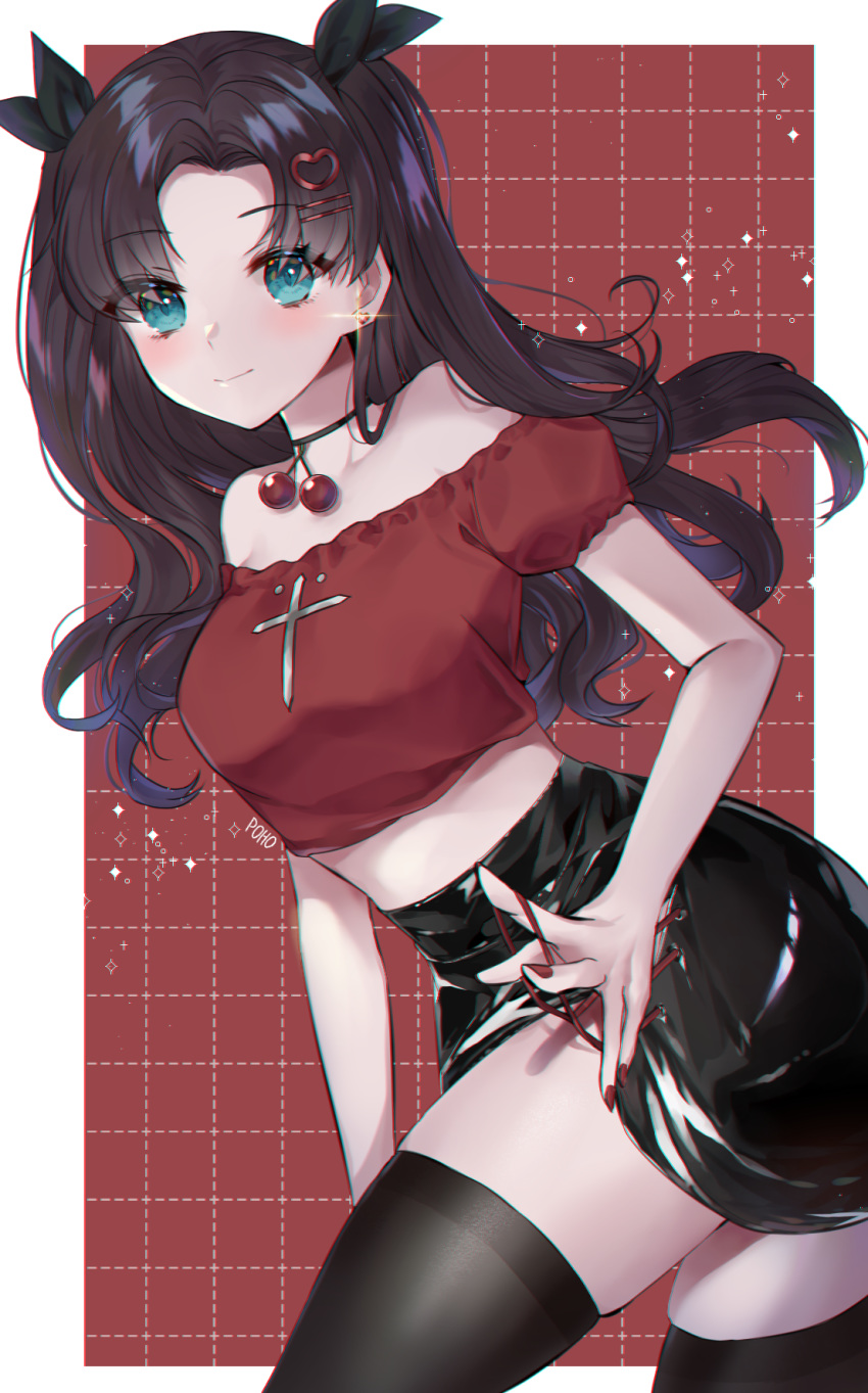 1girl bangs bare_shoulders black_hair black_legwear black_skirt blue_eyes blush border breasts choker closed_mouth collarbone cropped_shirt fate/stay_night fate_(series) hair_ornament hairclip highres long_hair looking_at_viewer medium_breasts midriff navel off-shoulder_shirt off_shoulder poho red_background red_shirt shirt skirt smile thigh-highs thighs toosaka_rin two_side_up white_border