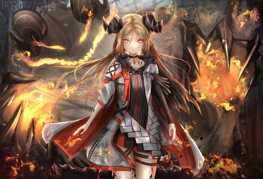 1girl 1other arknights asymmetrical_sleeves blonde_hair cape commentary_request demon demon_horns fire fireball highres horns ifrit_(arknights) kayjae24 long_hair older ore_lesion_(arknights) originium_arts_(arknights) shorts