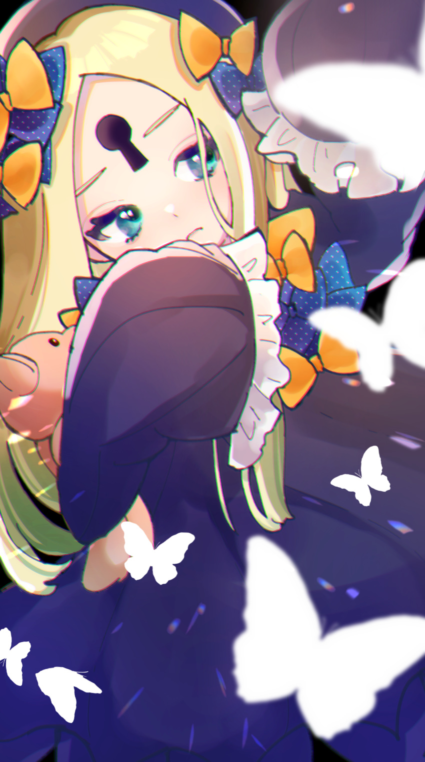 1girl abigail_williams_(fate/grand_order) absurdres artist_request bangs black_bow black_dress black_headwear blonde_hair blue_eyes bow breasts bug butterfly closed_mouth dress fate/grand_order fate_(series) forehead hair_bow hat highres insect long_hair looking_to_the_side multiple_bows orange_bow parted_bangs polka_dot polka_dot_bow ribbed_dress sleeves_past_fingers sleeves_past_wrists small_breasts solo stuffed_animal stuffed_toy teddy_bear