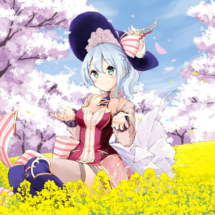 1girl aqua_eyes atelier_(series) blue_hair blush breasts cherry_blossoms closed_mouth commentary_request day detached_collar eyebrows_visible_through_hair field flower flower_field hair_between_eyes hat highres medium_breasts minidraco nelke_to_densetsu_no_renkinjutsushi_tachi nelke_von_luchetam outdoors petals shirt sitting skirt smile solo thigh-highs tree