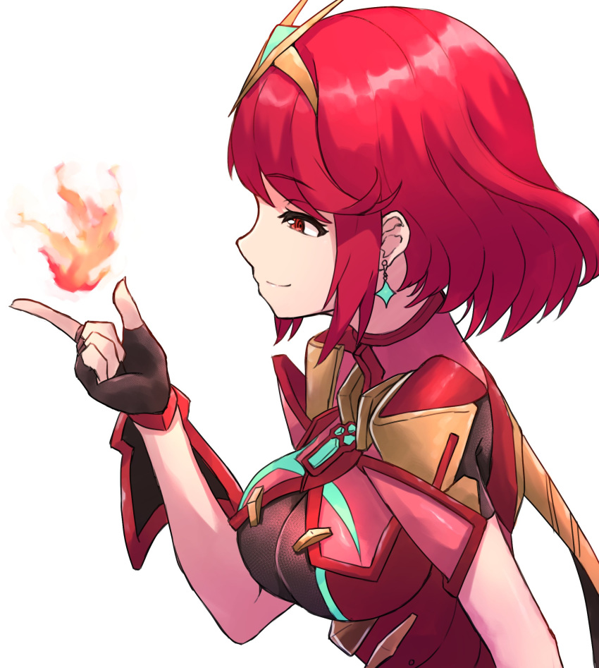 1girl absurdres bangs bodysuit earrings eyebrows_visible_through_hair fire grimmelsdathird hairband highres jewelry pyra_(xenoblade) red_eyes redhead short_hair solo white_background xenoblade_(series) xenoblade_2