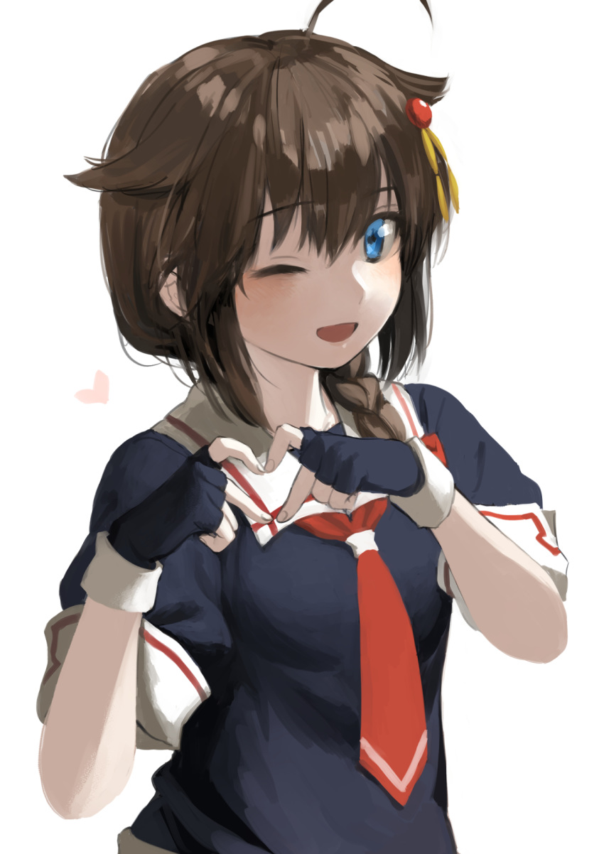 1girl ahoge bangs black_gloves black_serafuku blue_eyes braid brown_hair chagen_kokimu commentary_request eyebrows_visible_through_hair fingerless_gloves gloves hair_between_eyes hair_flaps hair_ornament heart heart_hands highres kantai_collection looking_at_viewer medium_hair neckerchief one_eye_closed open_mouth red_neckwear remodel_(kantai_collection) sailor_collar school_uniform serafuku shigure_(kantai_collection) short_sleeves sidelocks simple_background single_braid smile solo upper_body white_background