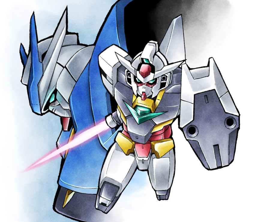 beam_saber charging_forward core_gundam dynamic_pose earthree_gundam from_side green_eyes gundam gundam_build_divers gundam_build_divers_re:rise joints ma_tsukasa mecha no_humans robot_joints shield v-fin